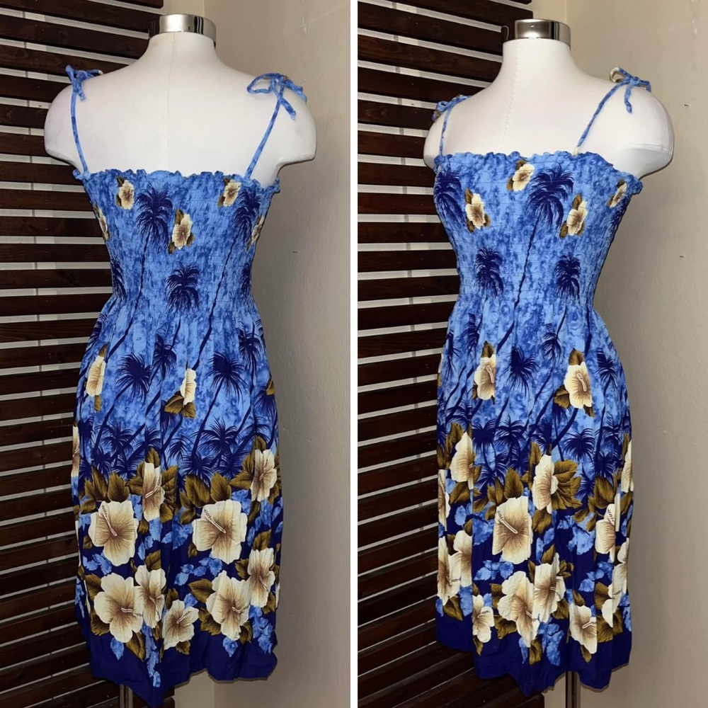 Y2K Vintage Blue Purple Floral Brown Hibiscus Palm Tree Spaghetti Strap Dress